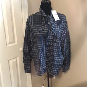 NWT Plaid Tie-neck Button Up Shirt